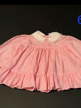 Vintage Bryan Pink Striped Baby Dress with Lace Peter Pan Collar